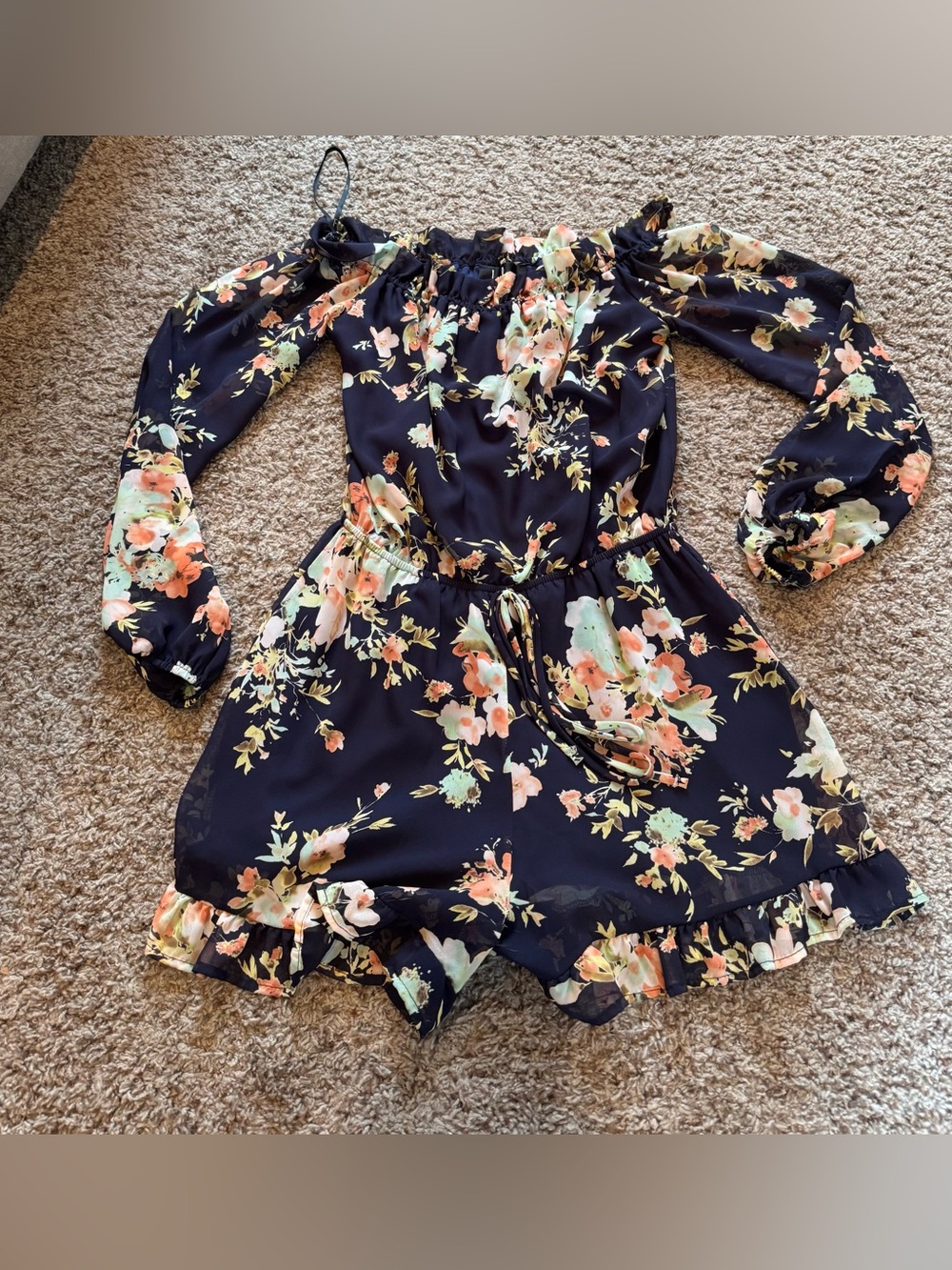 Navy Floral Off-Shoulder Romper with Ruffle Hem